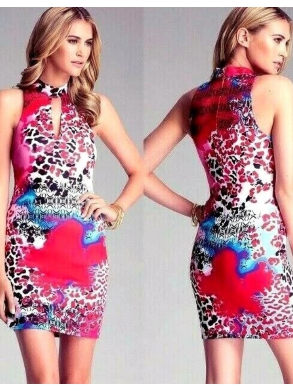 $150 NEW bebe black white red mock neck cutout floral racer bodycon top dress